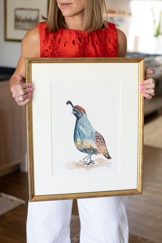 Quail- framed original watercolor